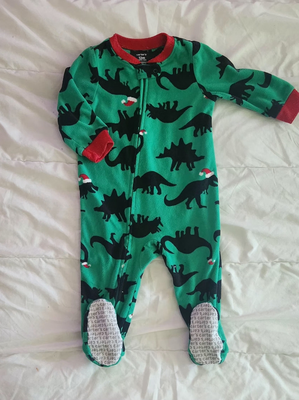 Carter's Green Dinosaur Print Footed Pajamas with Red Trim
